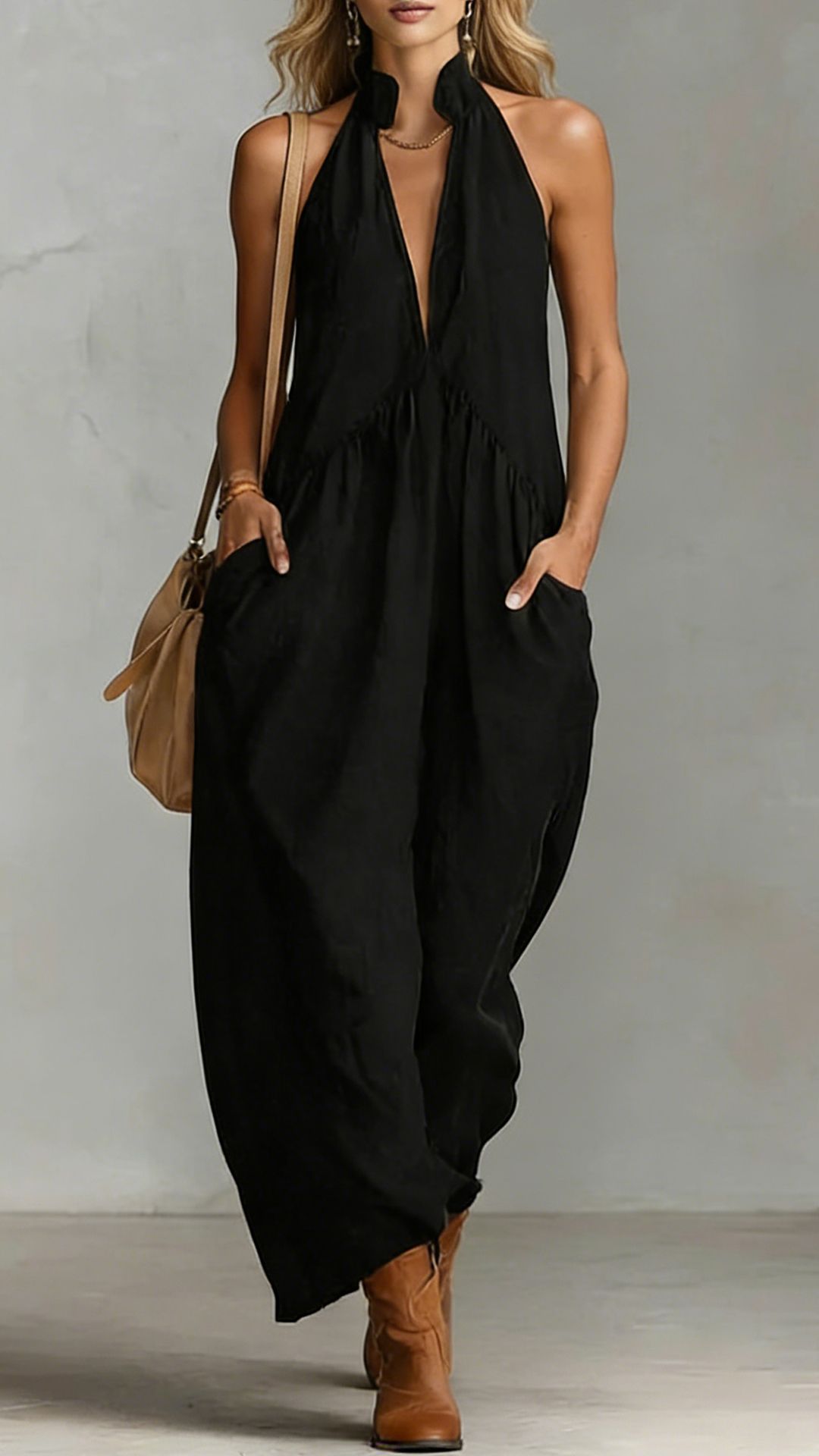 Women's Cotton-Linen Halter-Neck Wide-Leg Jumpsuit
