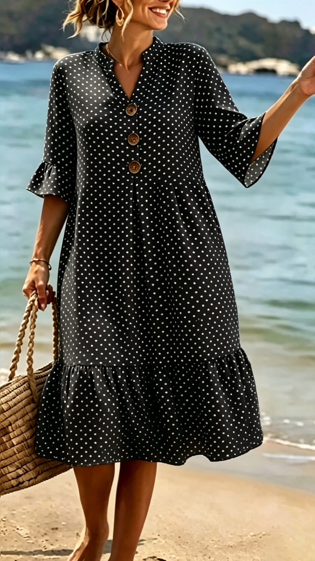 Women's Cotton-Blend Polka Dot Ruffle Hem Dress