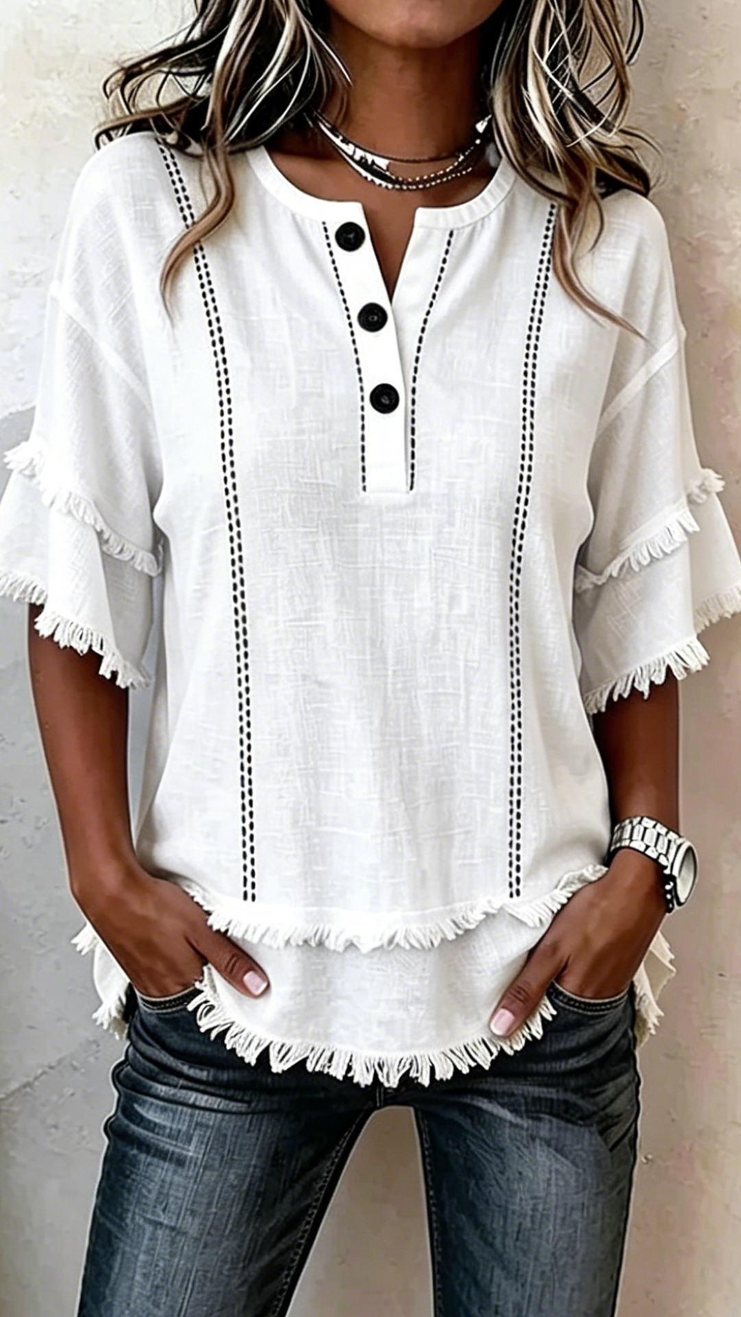 Women's Cotton-Blend Henley Neck Fringe Blouse