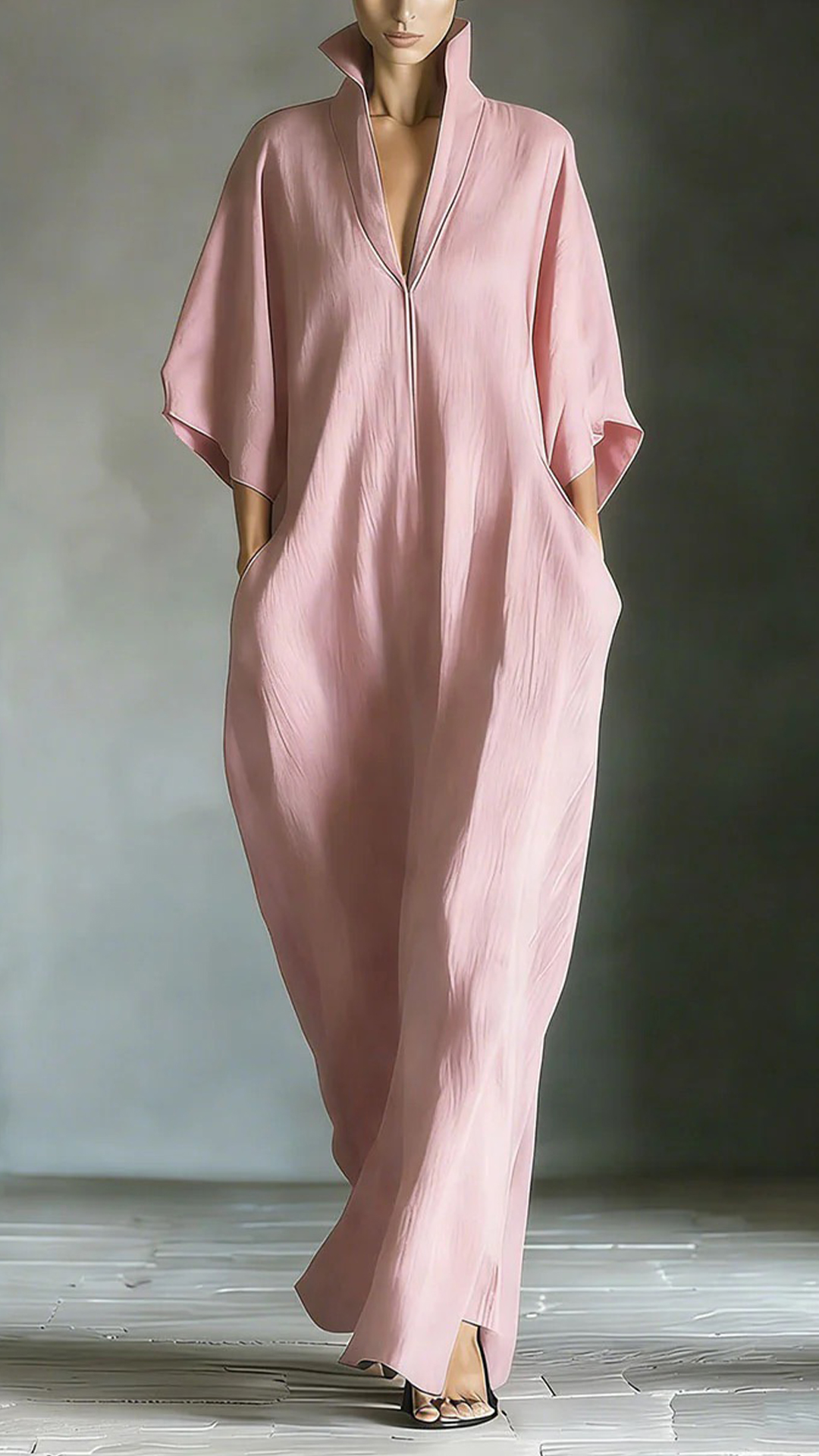Women's Cotton-Blend Stand Collar V-Neck Loose Caftan