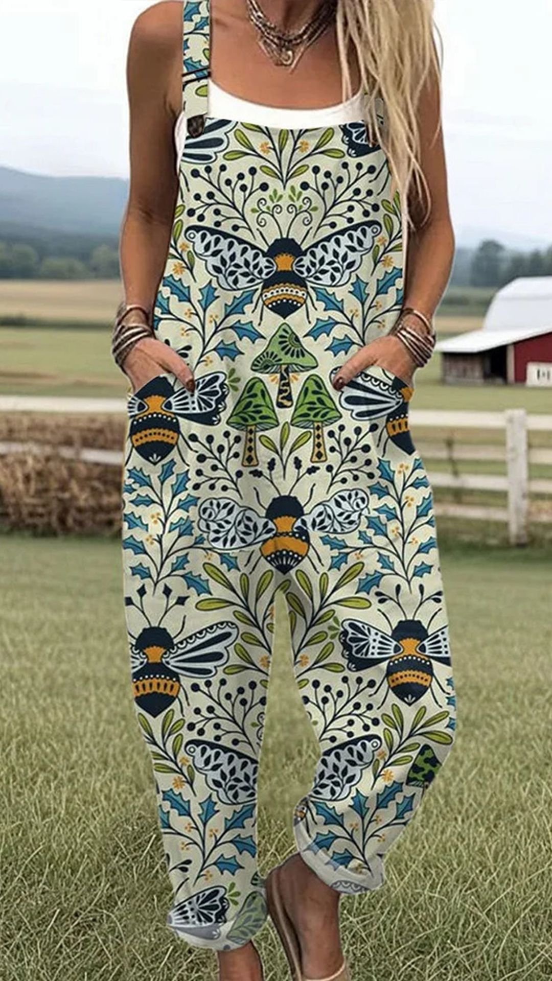 Women's Cotton-Blend Bee Print Loose Overalls