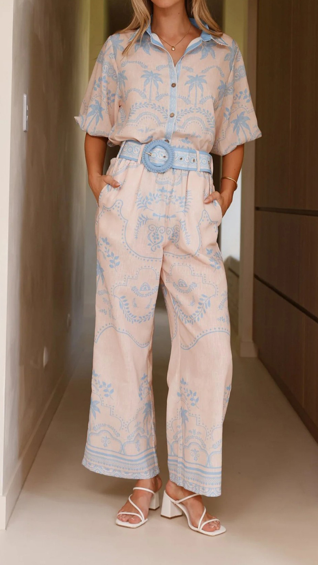 Women's Cotton‑blend Light Apricot Botanical Print Collared Puff Sleeve Top & Wide‑Leg Pants Set