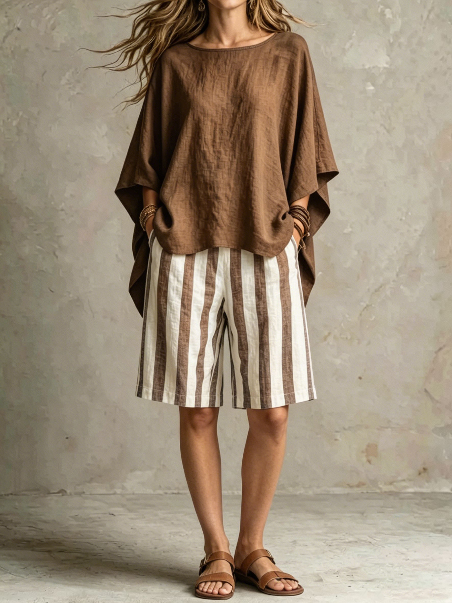 Women Summer Relaxed Coastal Stripe Two-Piece Set