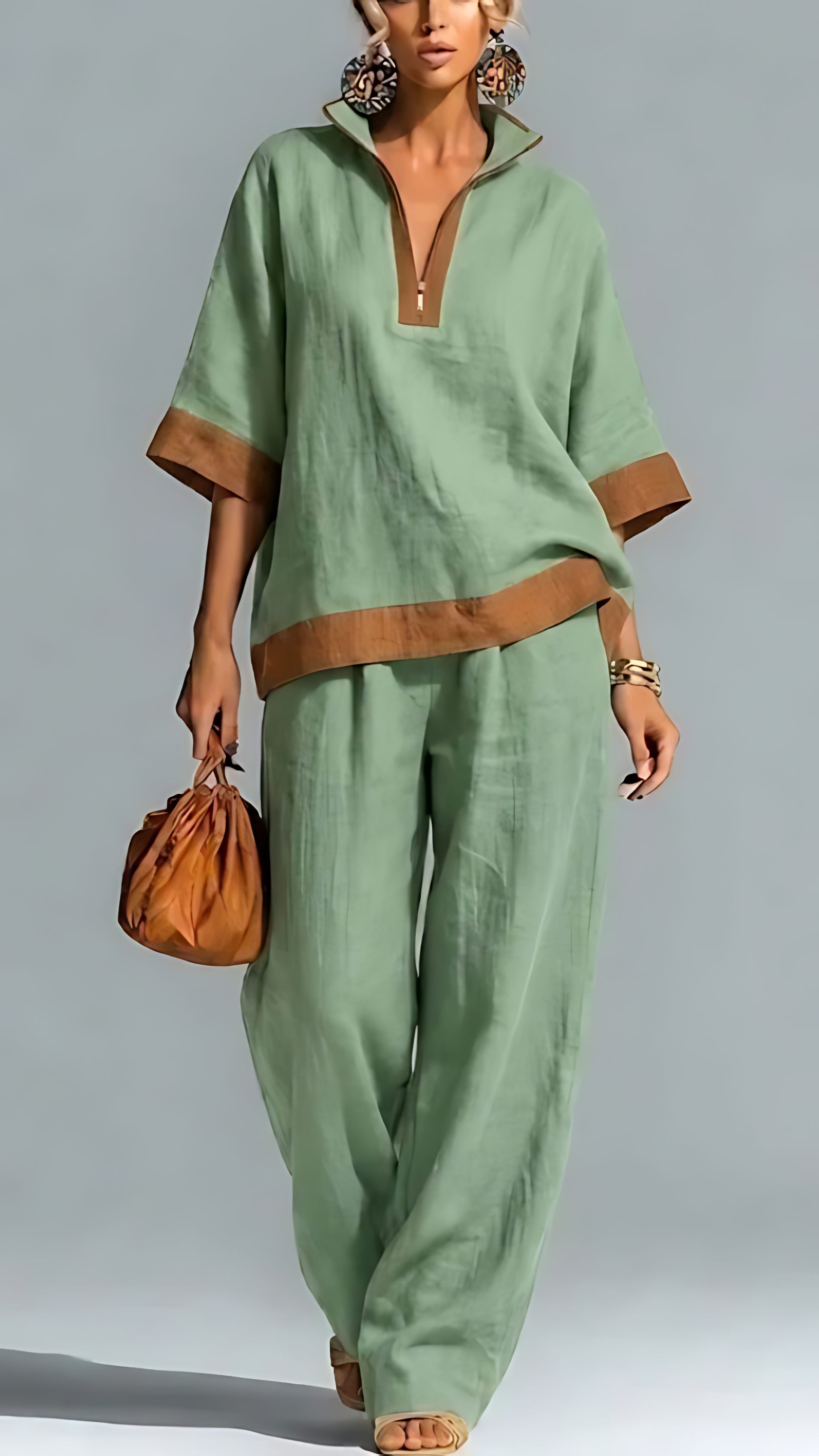 A fashionable and casual women's half-zipper linen cotton suit with contrasting colors