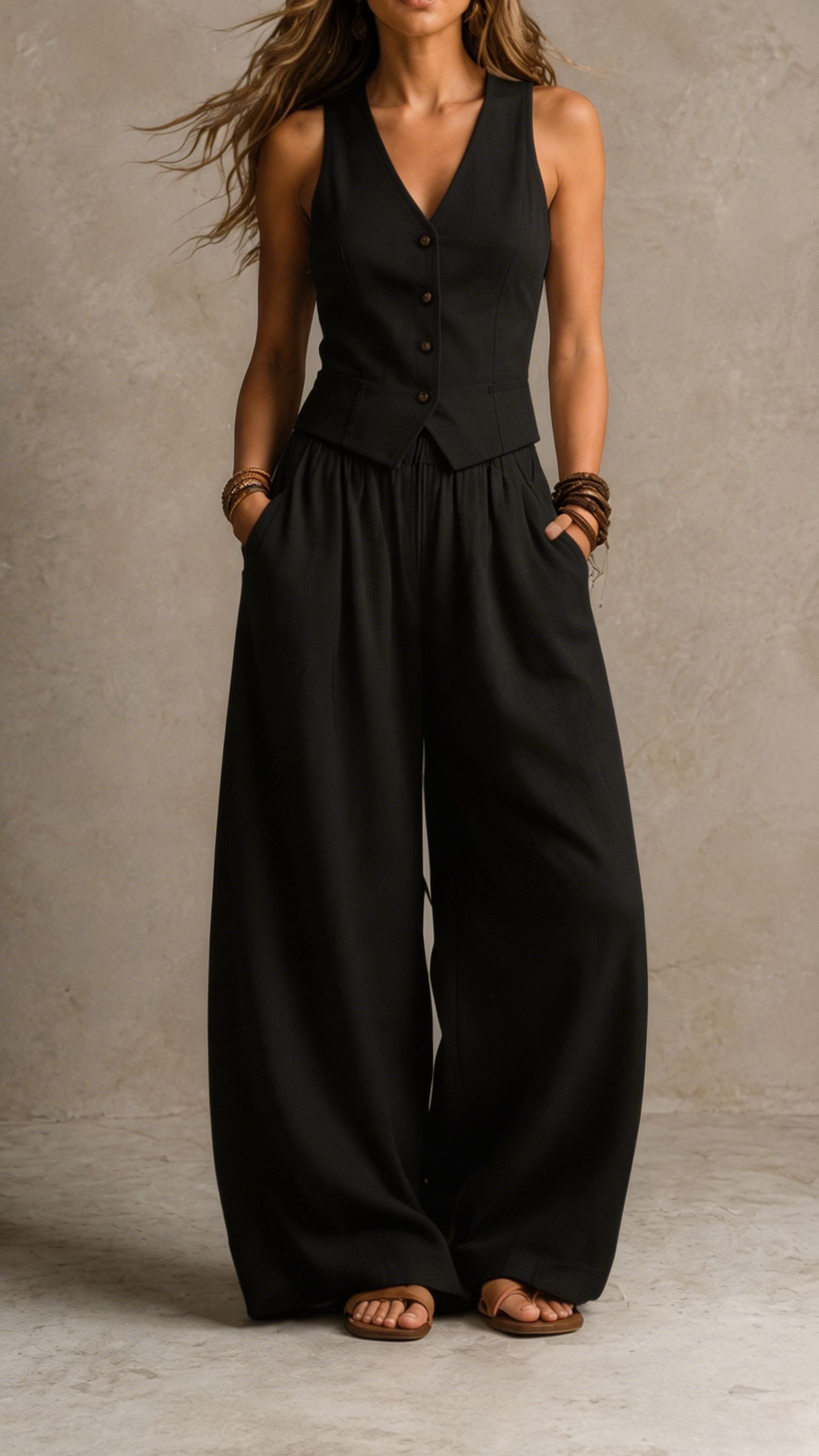 Women Elegant Linen Blend Two-Piece Set