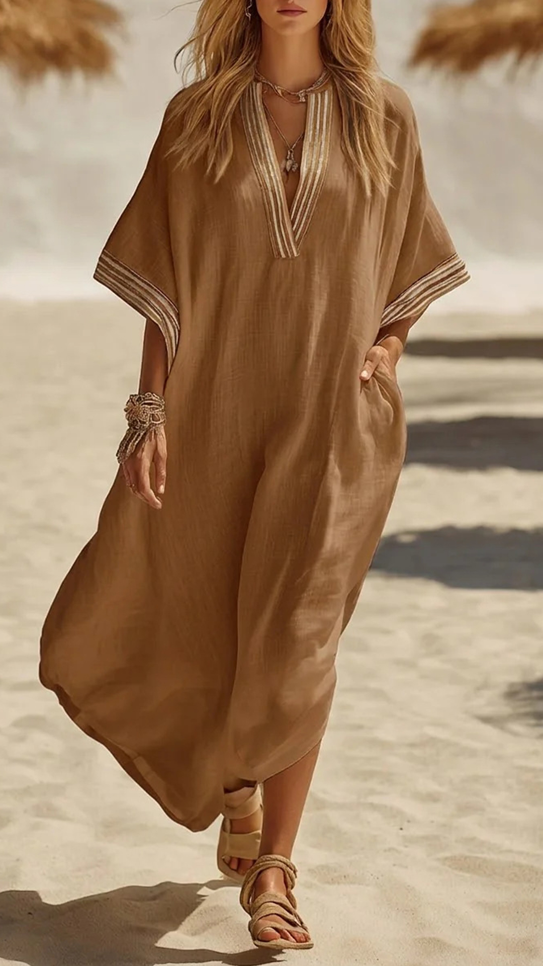 Women's Striped Trim Cotton-Blend Kaftan Dress