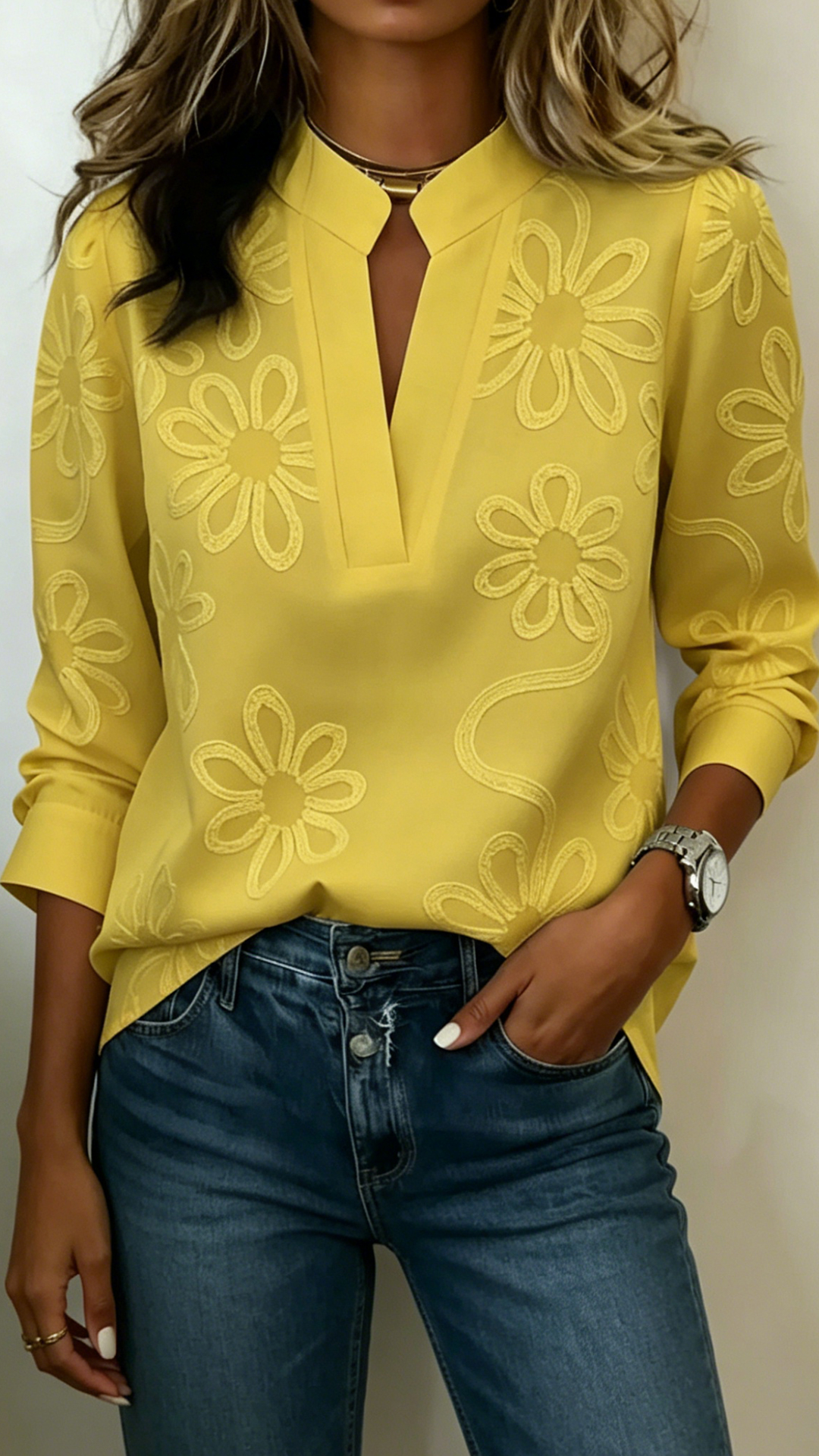 Women's Floral Print Cotton-Blend Stand Collar Blouse