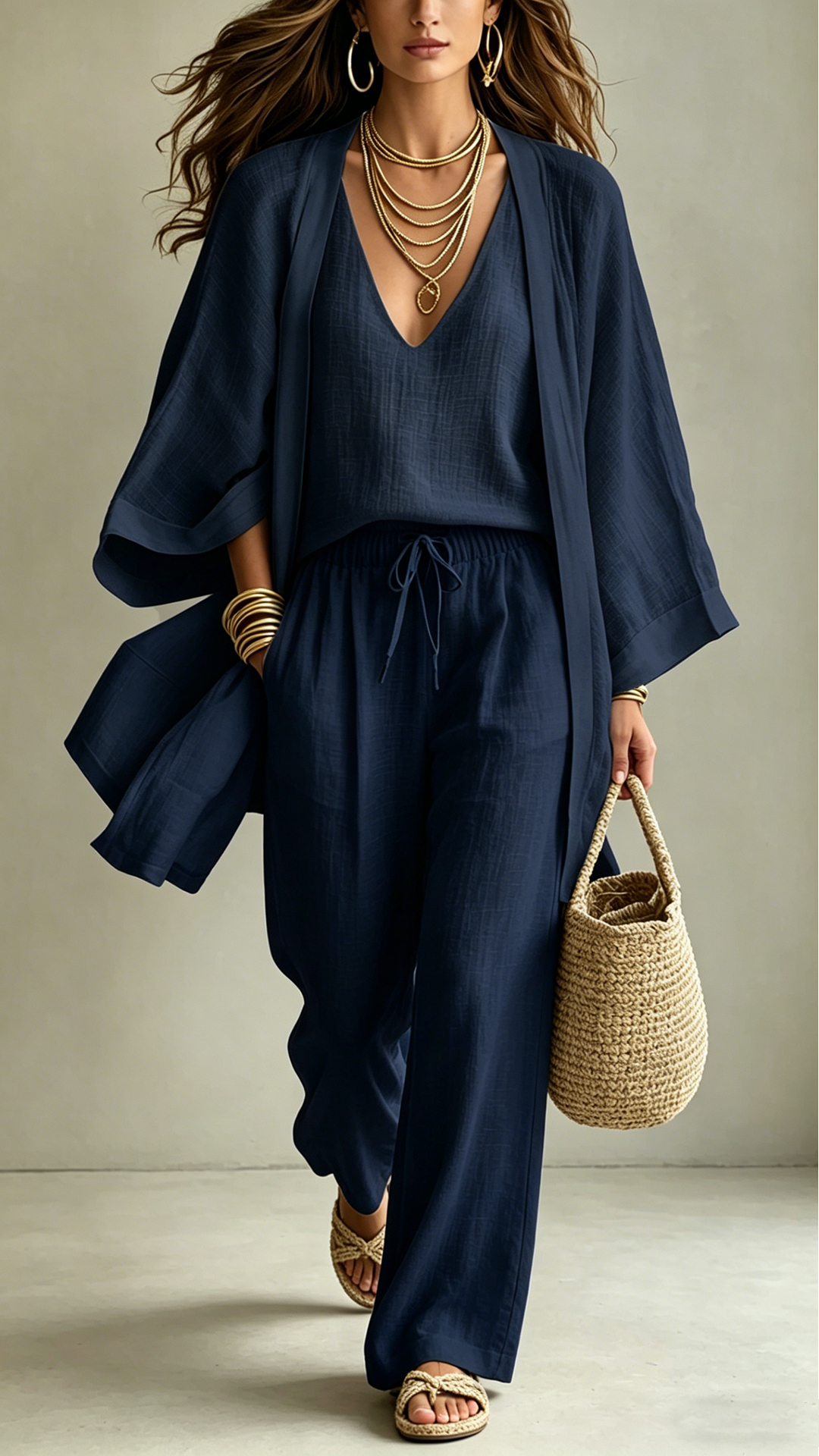 Women's  Linen-Blend Three-Piece Set(Kimono + Tank + Pants)