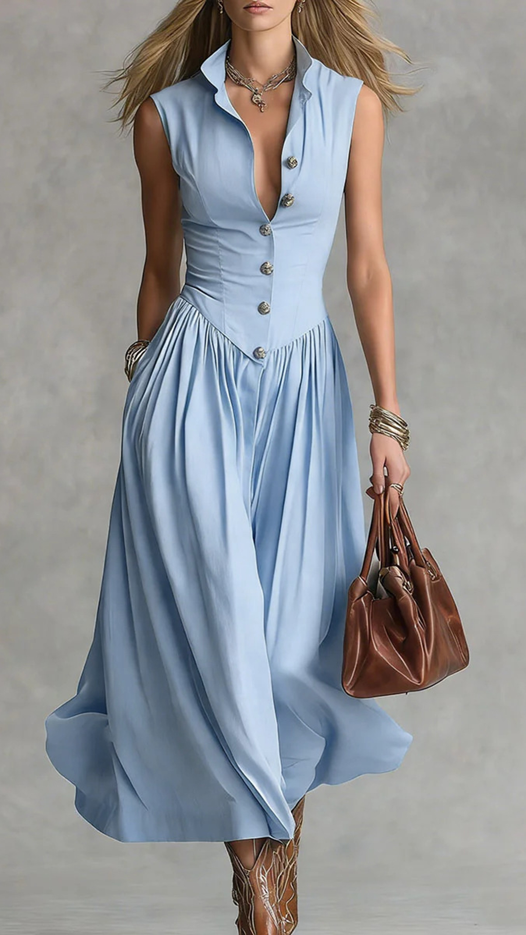 Women's Cotton-Blend Waisted Sleeveless Shirtdress
