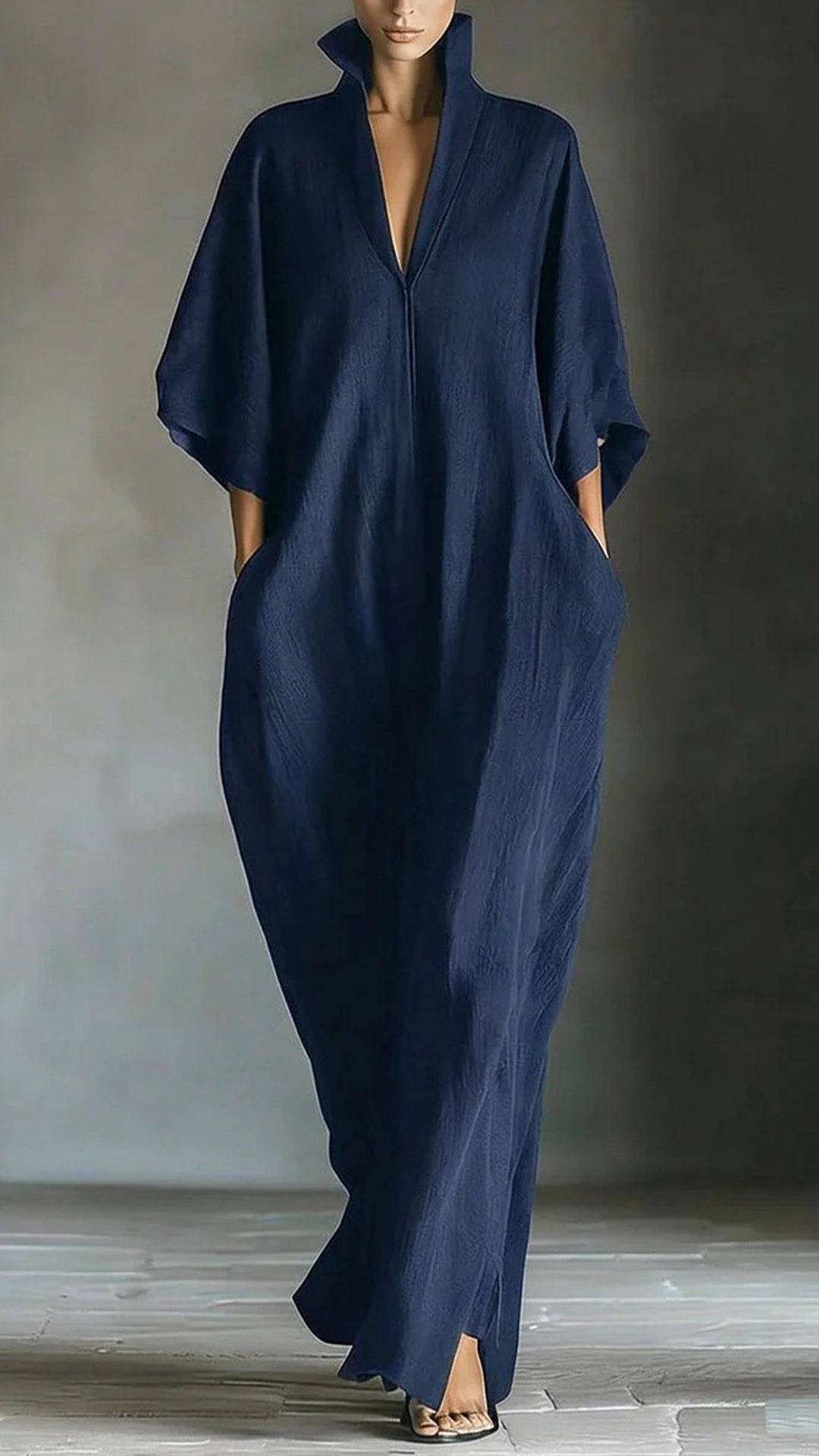 Women's Cotton-Blend Stand Collar V-Neck Loose Caftan