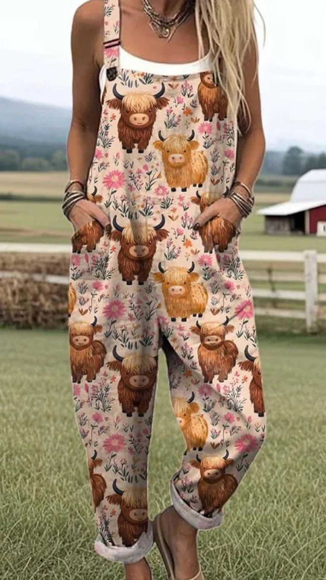 Women's Cotton-Blend Bee Print Loose Overalls