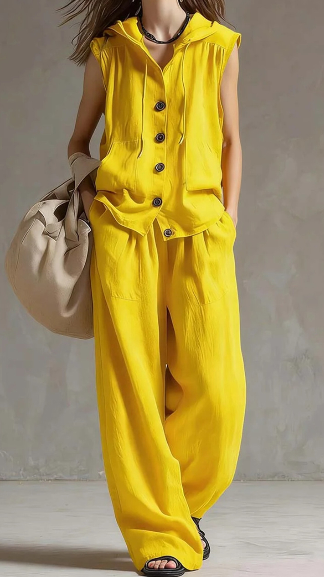 Women's Cotton-Blend Orange Hooded Sleeveless Vest & Wide-Leg Pants Set