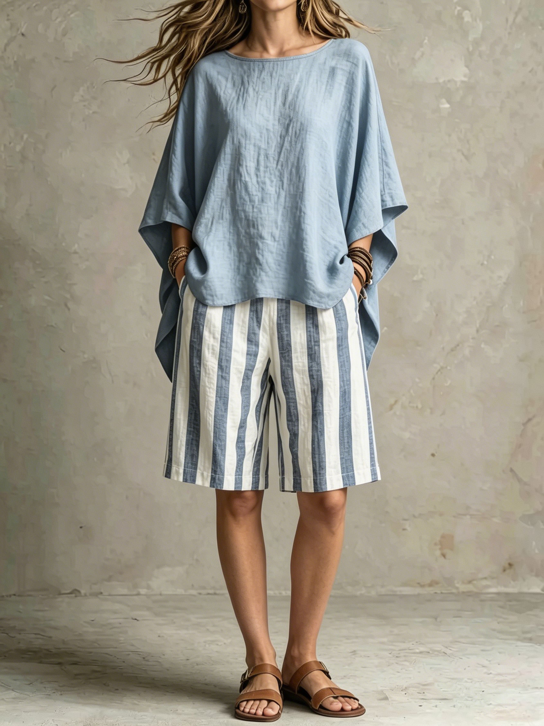 Women Summer Relaxed Coastal Stripe Two-Piece Set