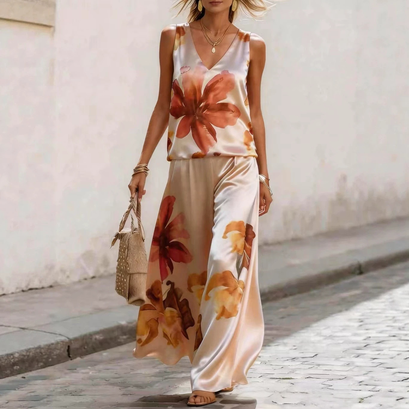 Women's Sleeveless Floral Printed Vest & Pants Two-Piece Set in Amber – front view