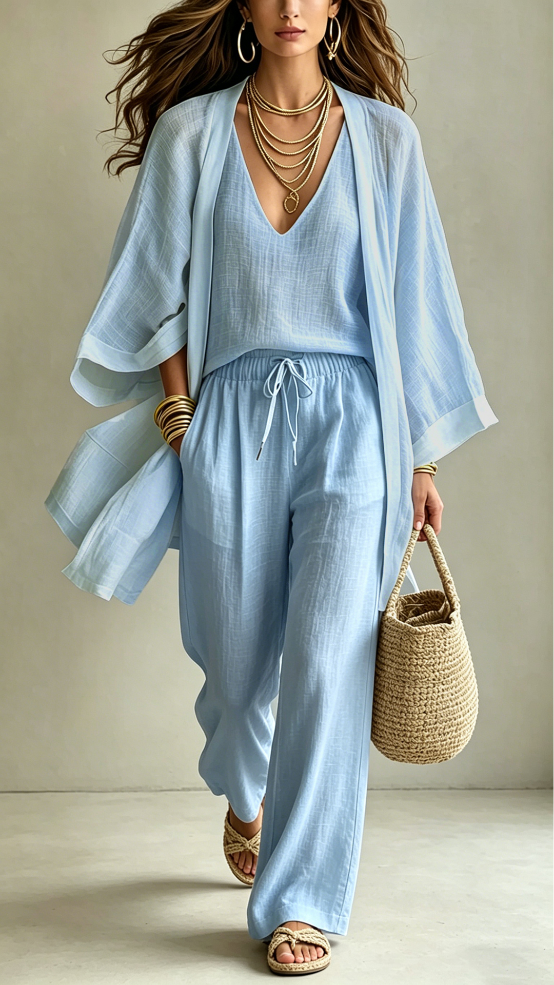 Women's  Linen-Blend Three-Piece Set(Kimono + Tank + Pants)