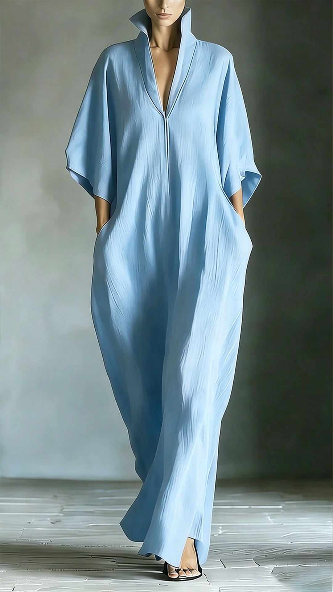 Women's Cotton-Blend Stand Collar V-Neck Loose Caftan