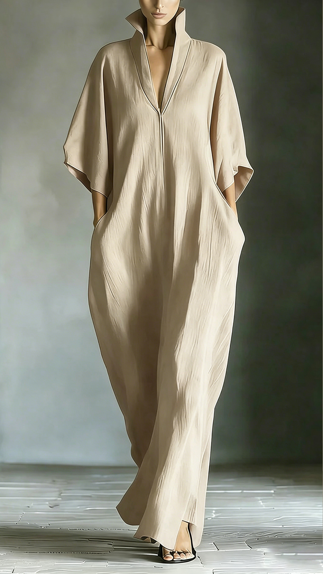Women's Cotton-Blend Stand Collar V-Neck Loose Caftan