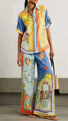 Women's Linen-Cotton Blend Retro Print Shirt & Wide-Leg Pants Set