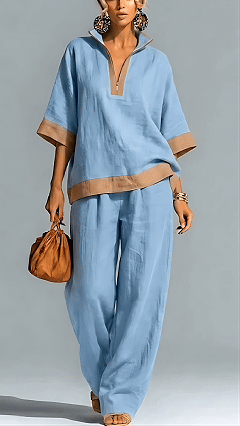 A fashionable and casual women's half-zipper linen cotton suit with contrasting colors