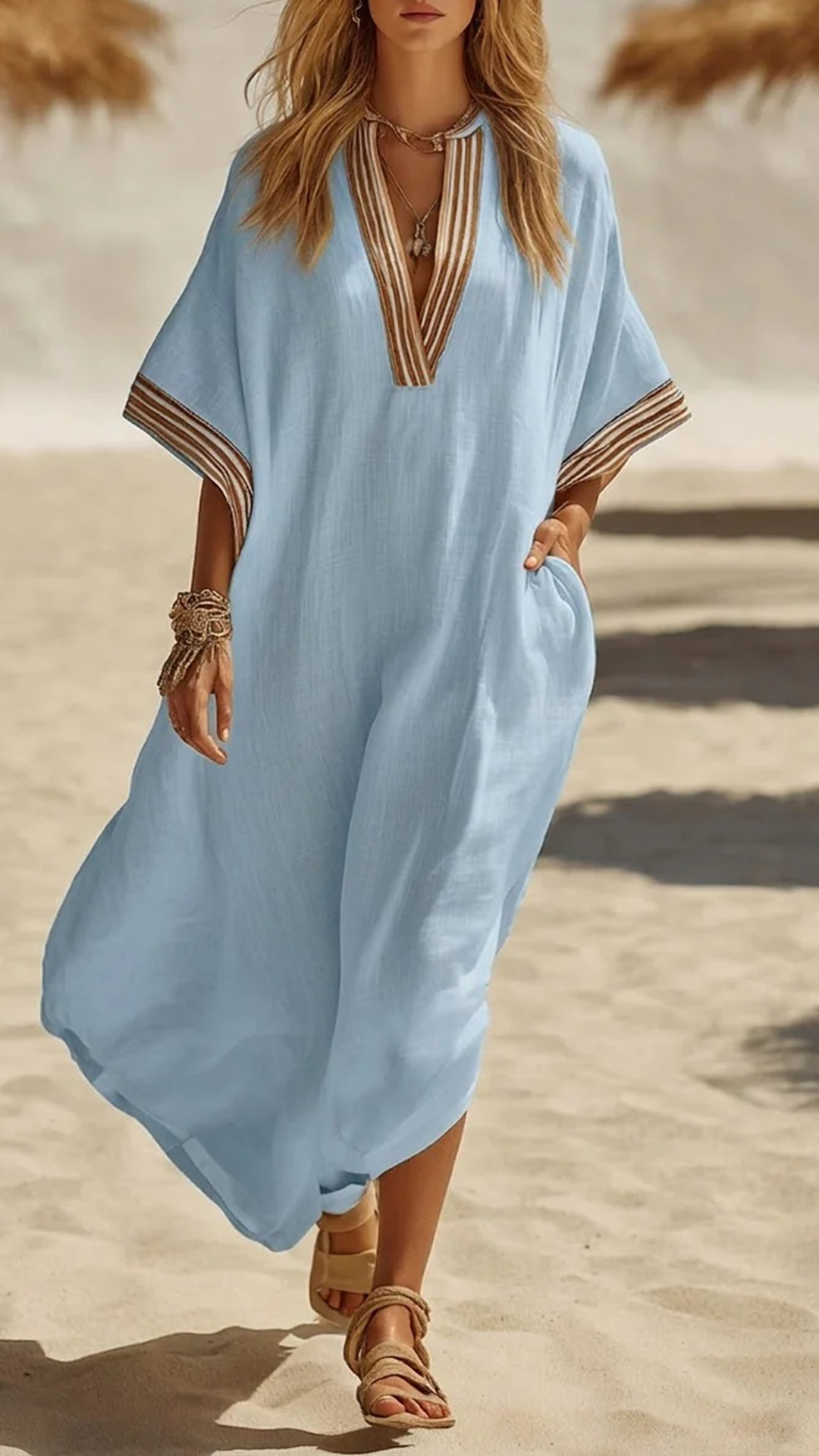 Women's Striped Trim Cotton-Blend Kaftan Dress