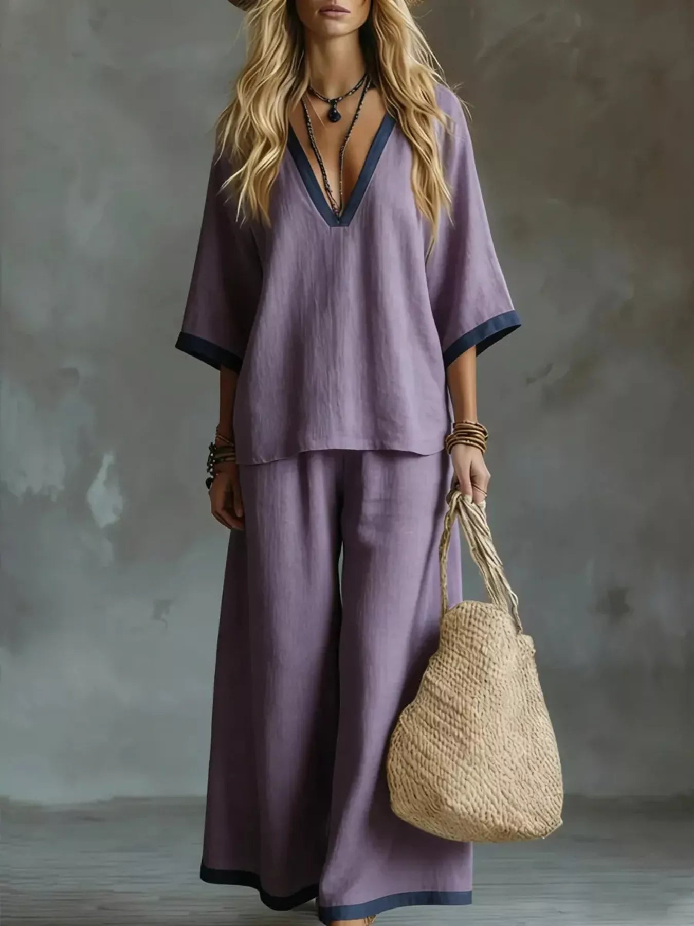 Women Contrast Trim V-Neck Top and Pants Set