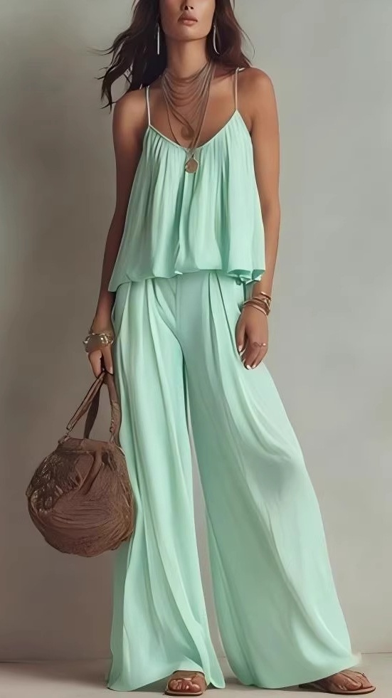 Solid-Color Spaghetti Strap Tank Top & High-Waisted Versatile Wide-Leg Casual Pants Two-Piece Set