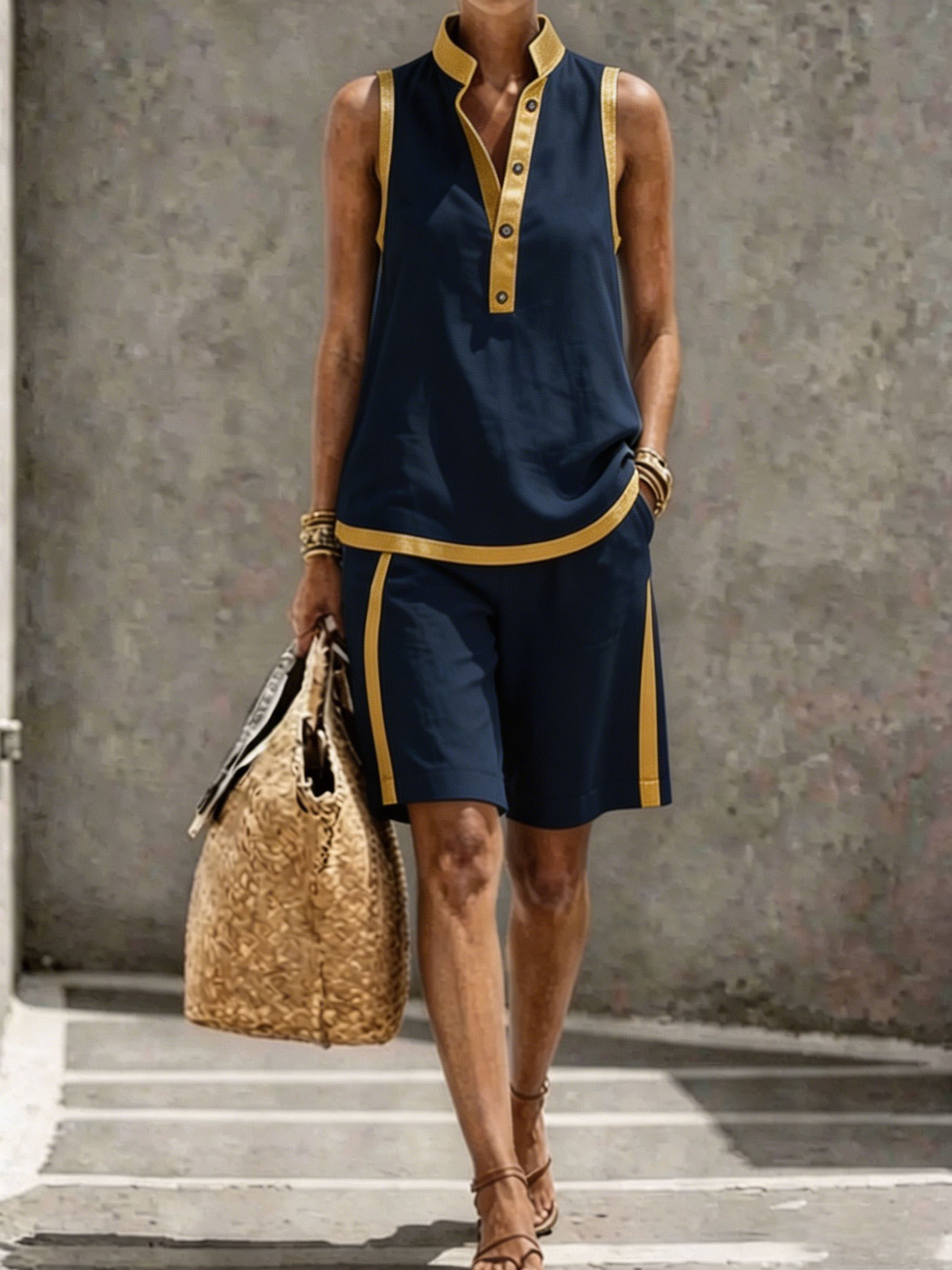 Women Casual And Comfortable Linen-cotton Sleeveless Top And Shorts Two-piece Set