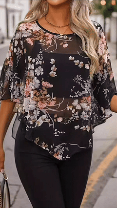 Women's Cotton-Blend Floral Print Batwing Sleeve Blouse