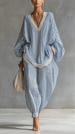 Women's Cotton-Blend Lace Trim Striped Wide-Leg Pants Set