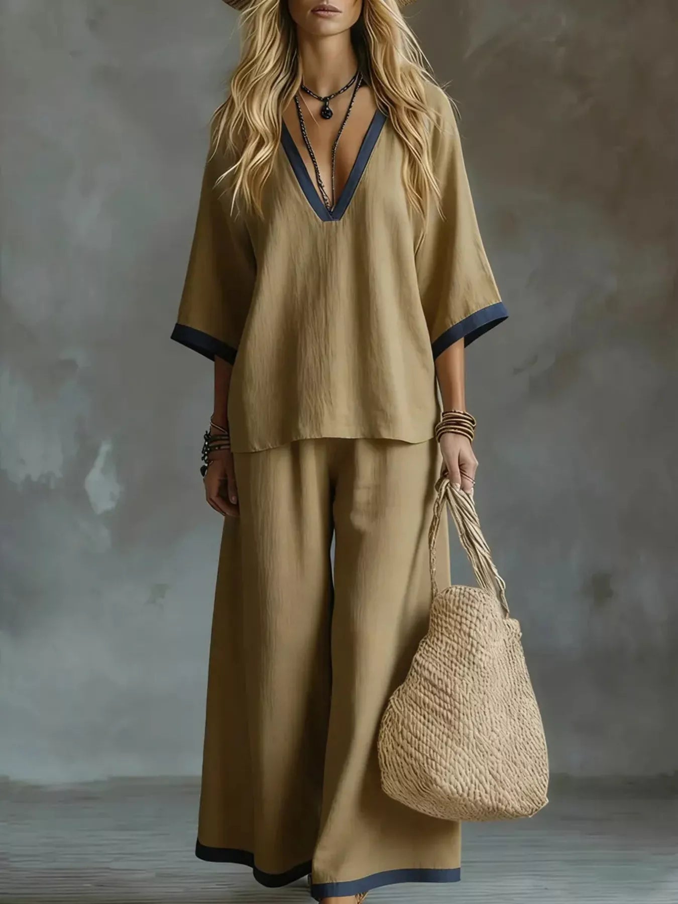 Women Contrast Trim V-Neck Top and Pants Set