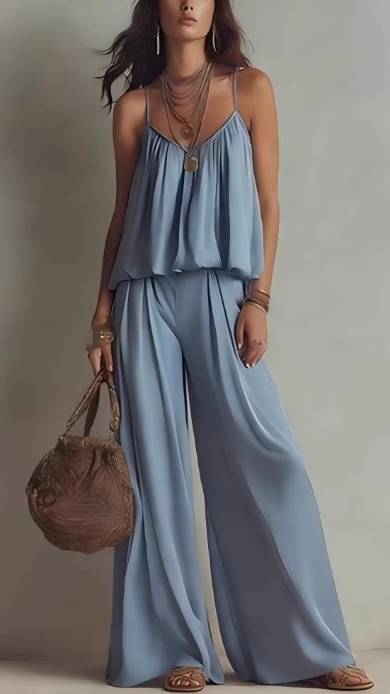 Solid-Color Spaghetti Strap Tank Top & High-Waisted Versatile Wide-Leg Casual Pants Two-Piece Set