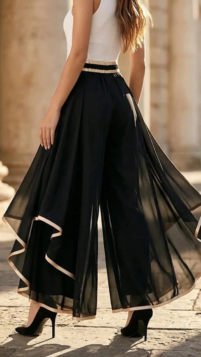 Women's Fashion Spliced ​​& Piped Layered Chiffon High-Waisted Casual Wide-Leg Pants