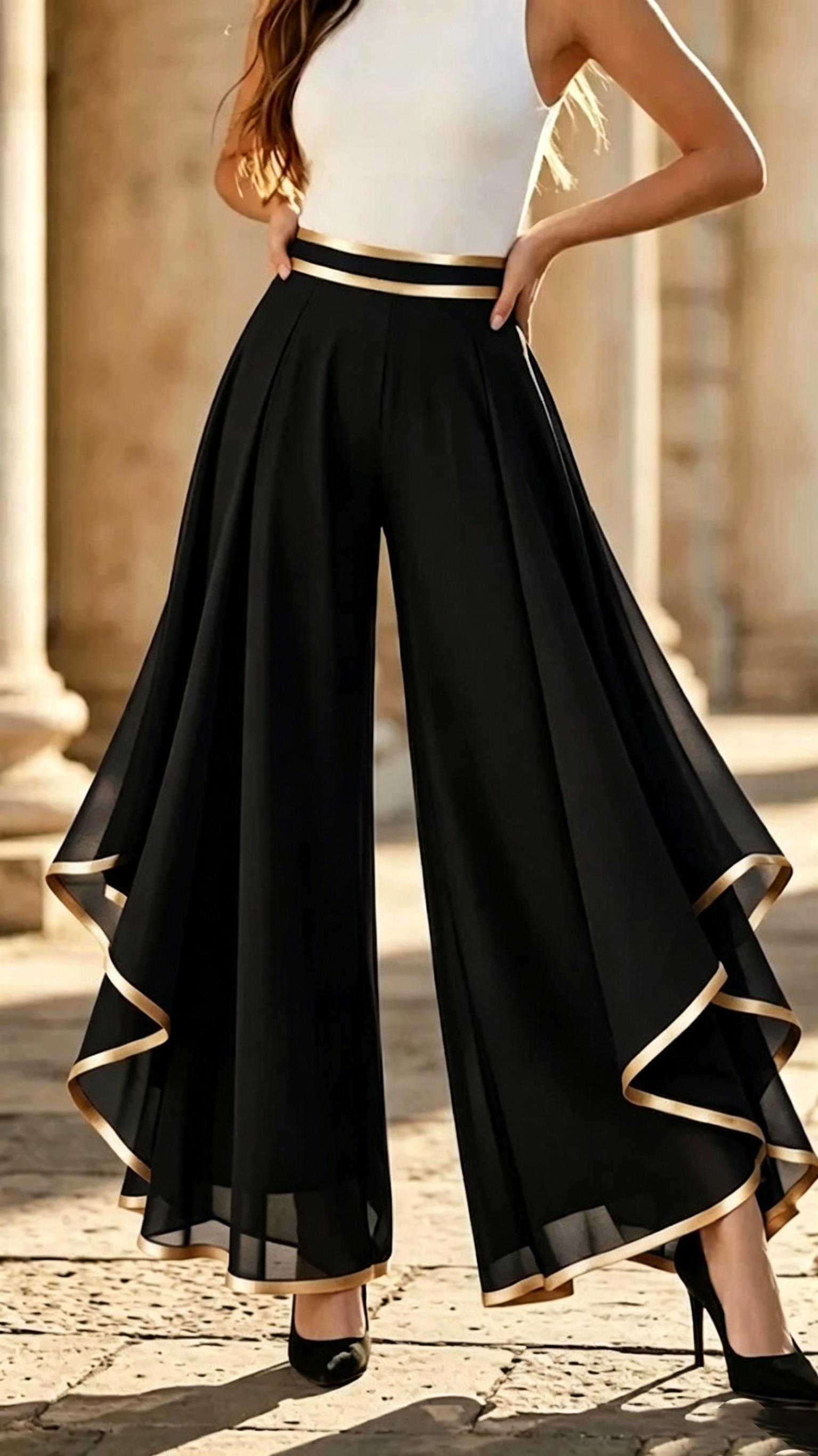 Women's Fashion Spliced ​​& Piped Layered Chiffon High-Waisted Casual Wide-Leg Pants