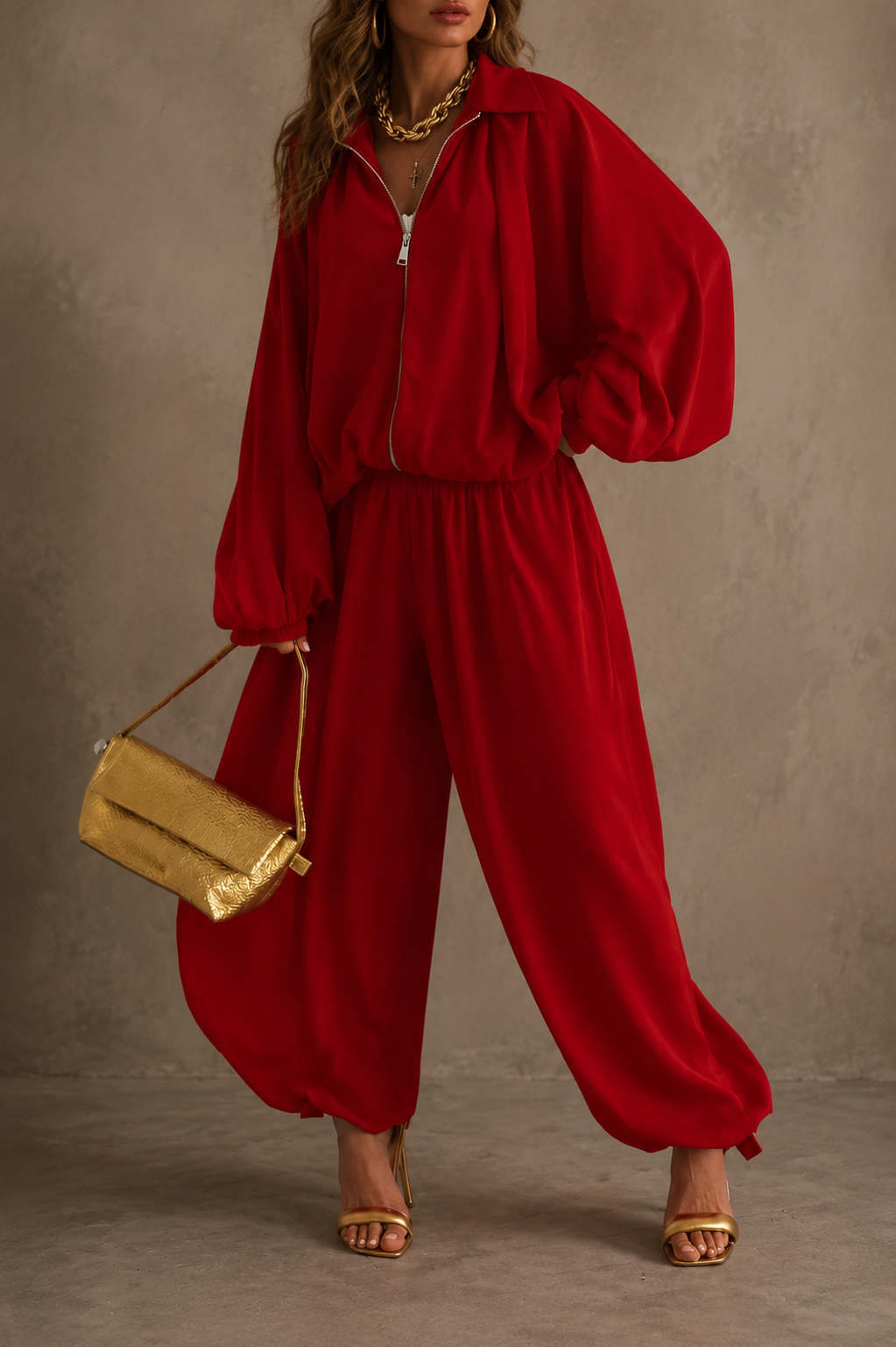 Women Luxe Zip-Front Balloon Sleeve Lounge Set