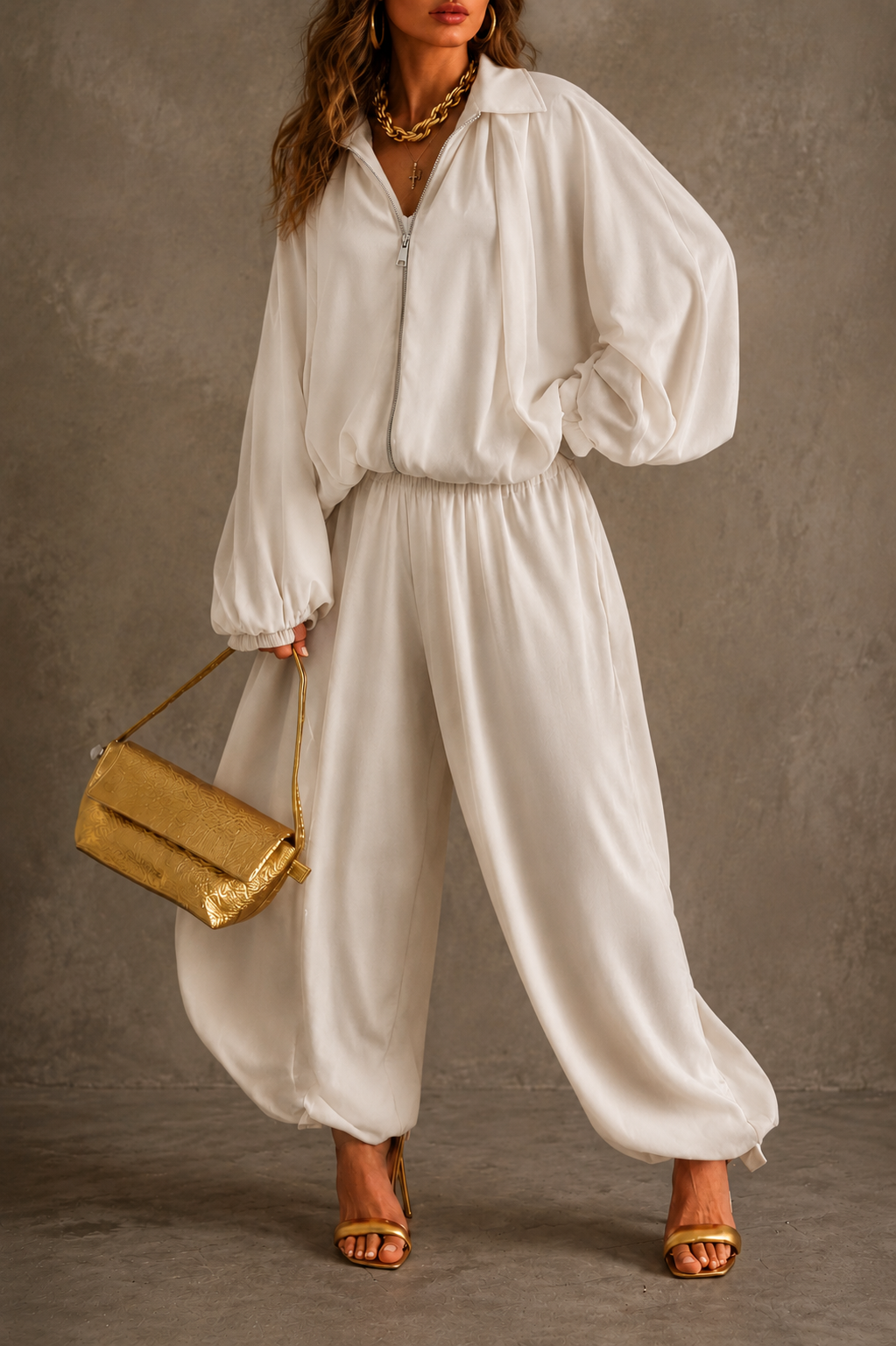 Women Luxe Zip-Front Balloon Sleeve Lounge Set