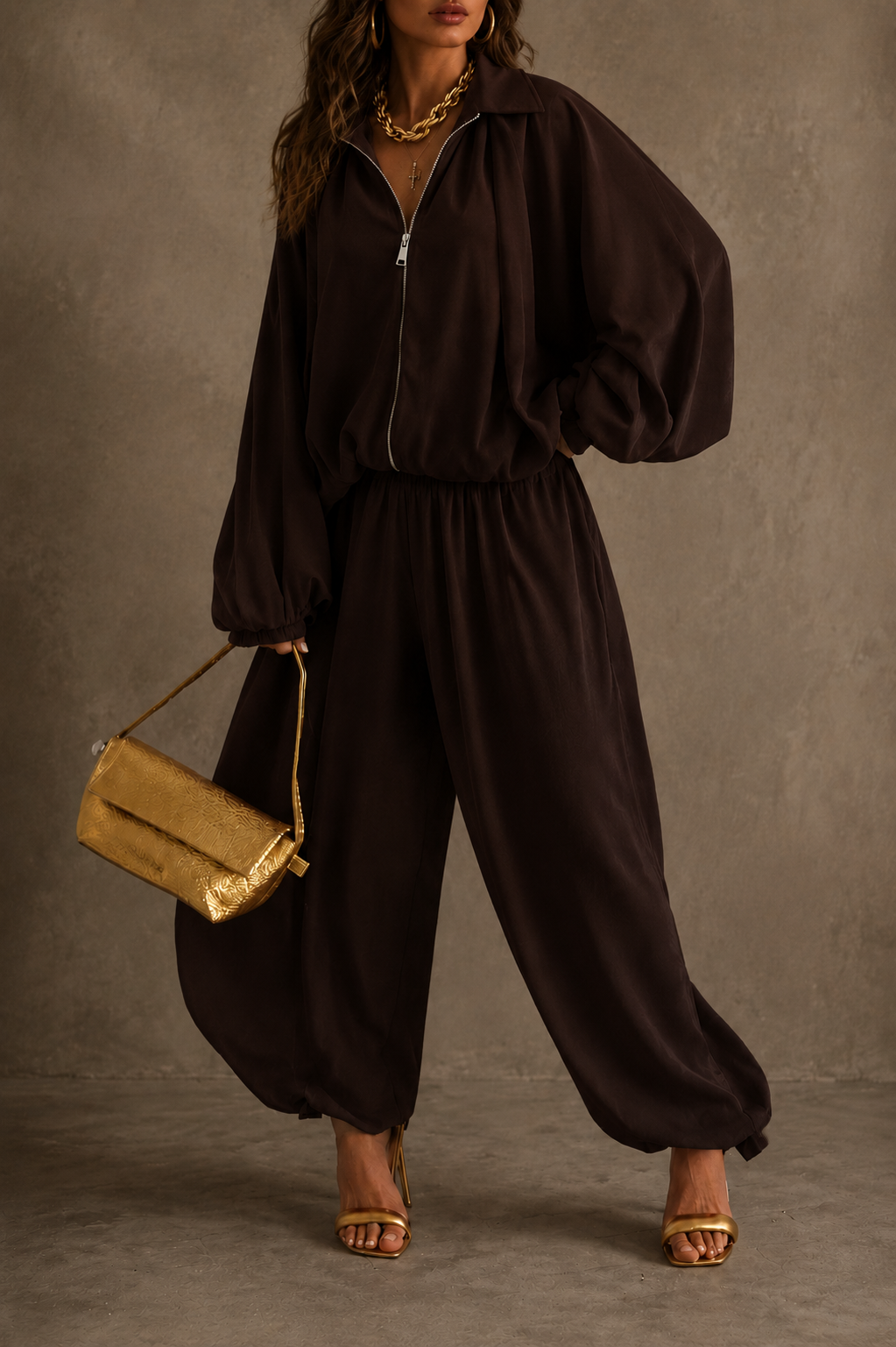 Women Luxe Zip-Front Balloon Sleeve Lounge Set
