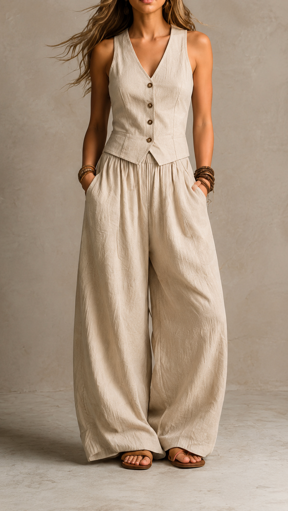 Women Elegant Linen Blend Two-Piece Set
