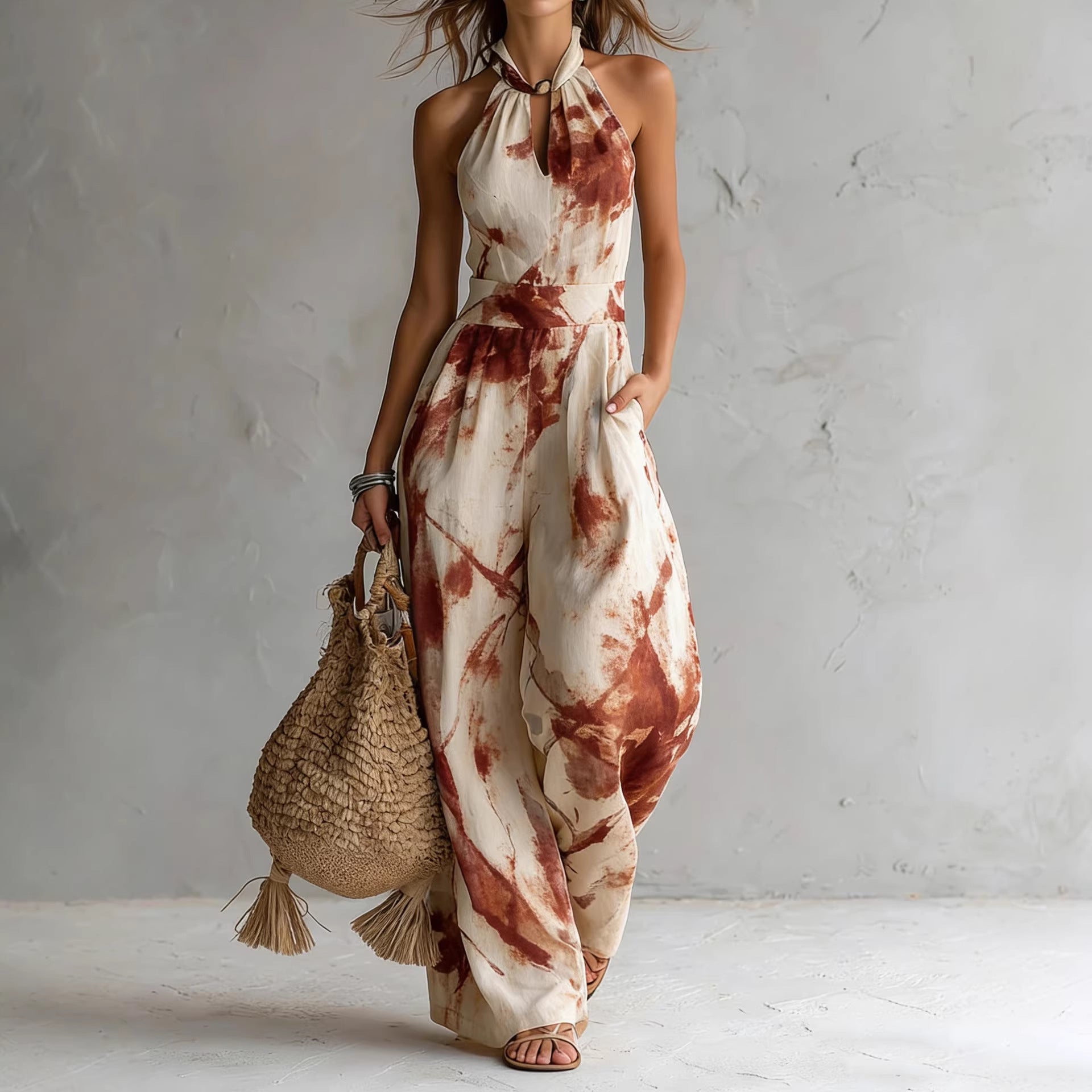 Women's Beige Abstract PrintHalter Wide-Leg Jumpsuit