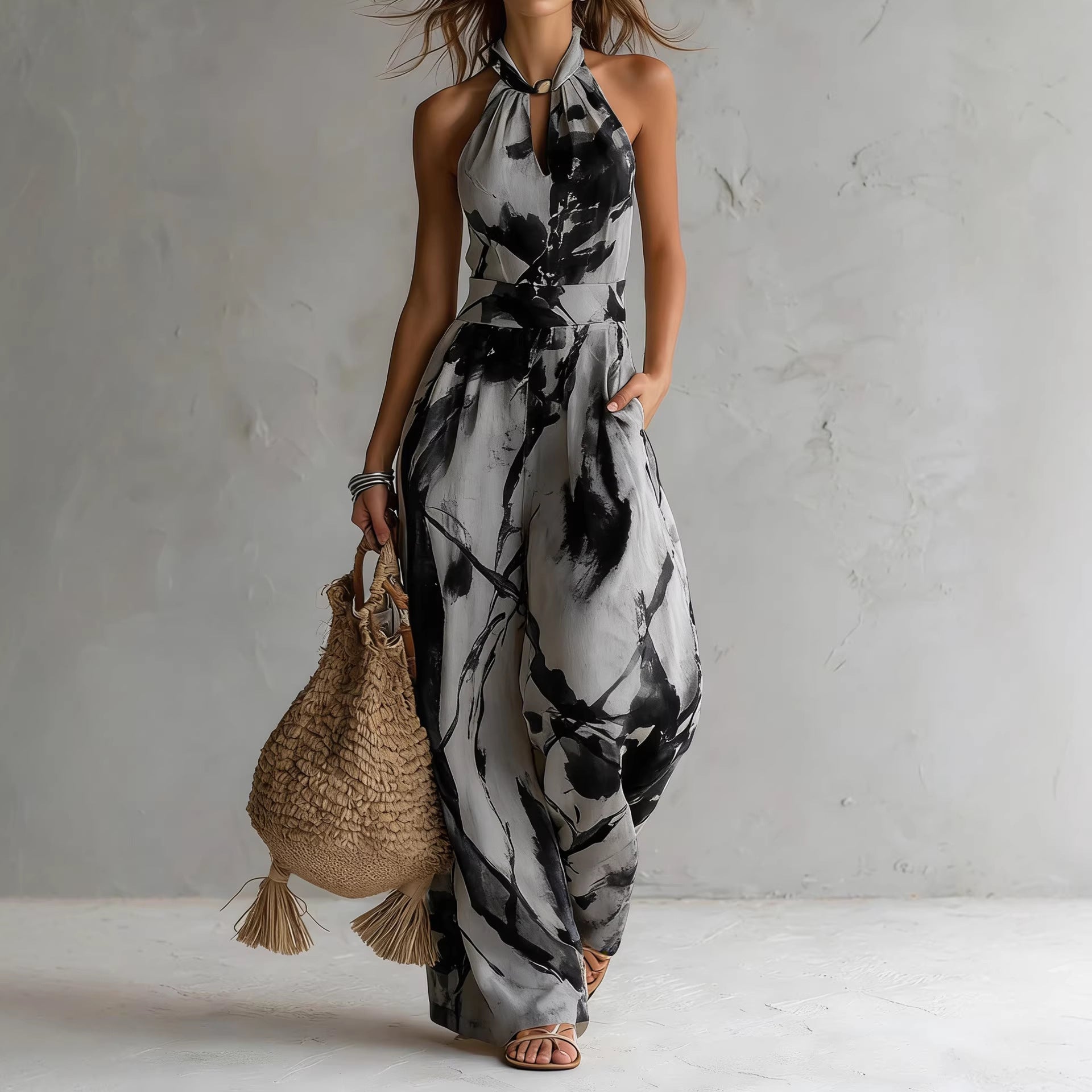 Women's Beige Abstract PrintHalter Wide-Leg Jumpsuit