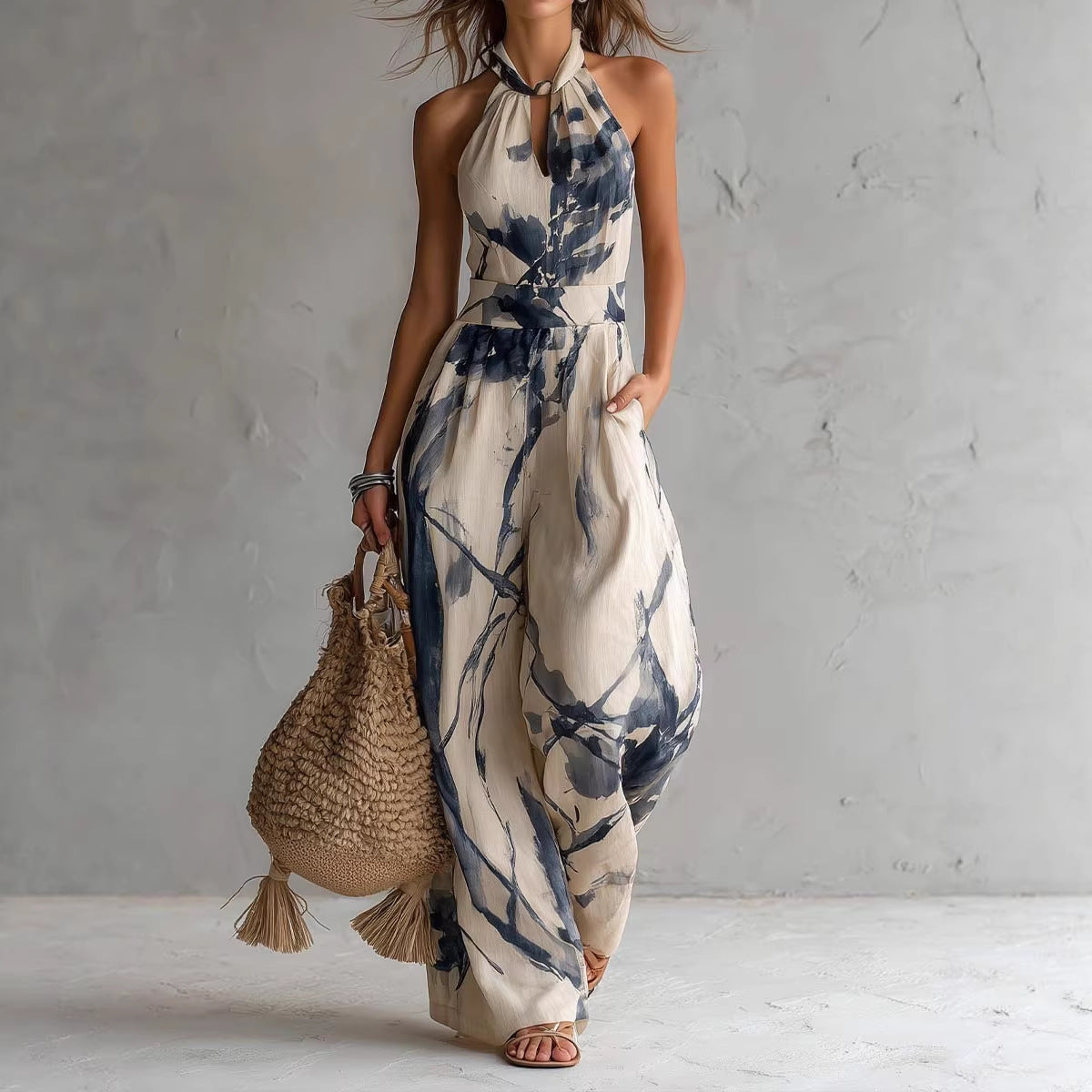 Women's Beige Abstract PrintHalter Wide-Leg Jumpsuit