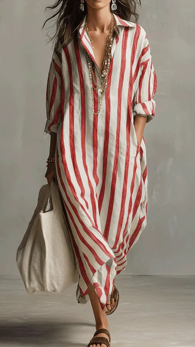 A fashionable loose V-neck long striped nine-quarter sleeve shirt dress for women