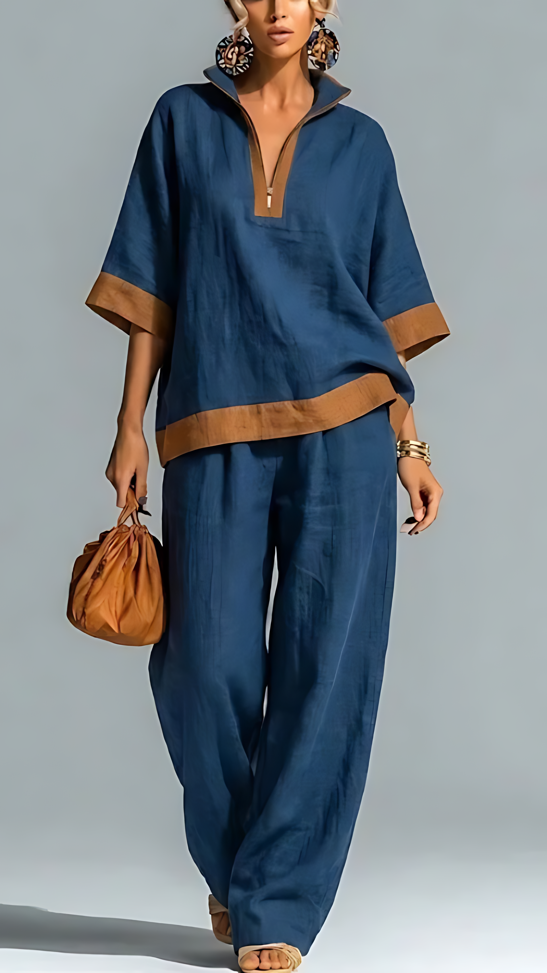 A fashionable and casual women's half-zipper linen cotton suit with contrasting colors