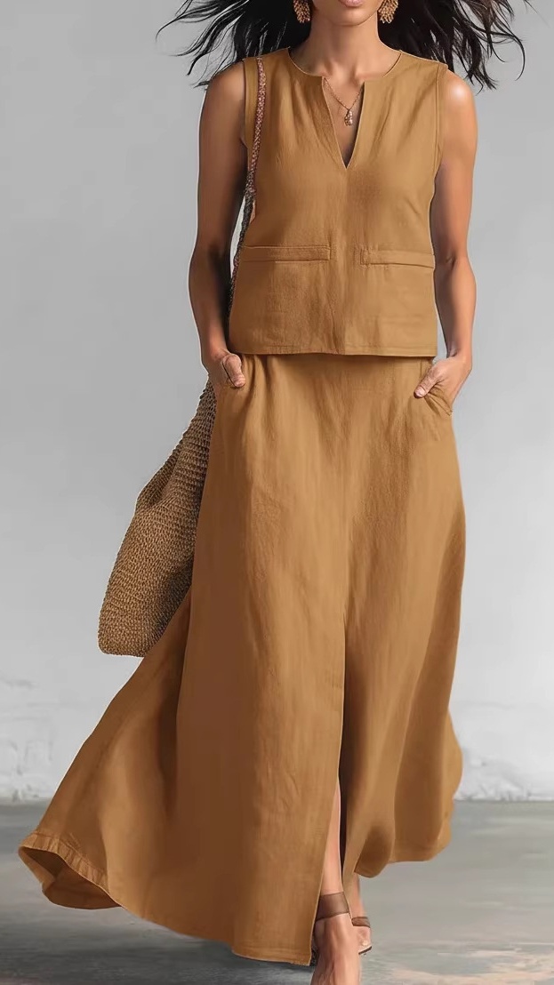 Women's Sleeveless Solid-Color Cotton-Linen Set: V-Neck Top & Casual Skirt with Side Pockets