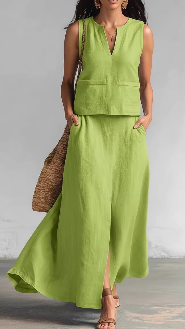 Women's Sleeveless Solid-Color Cotton-Linen Set: V-Neck Top & Casual Skirt with Side Pockets