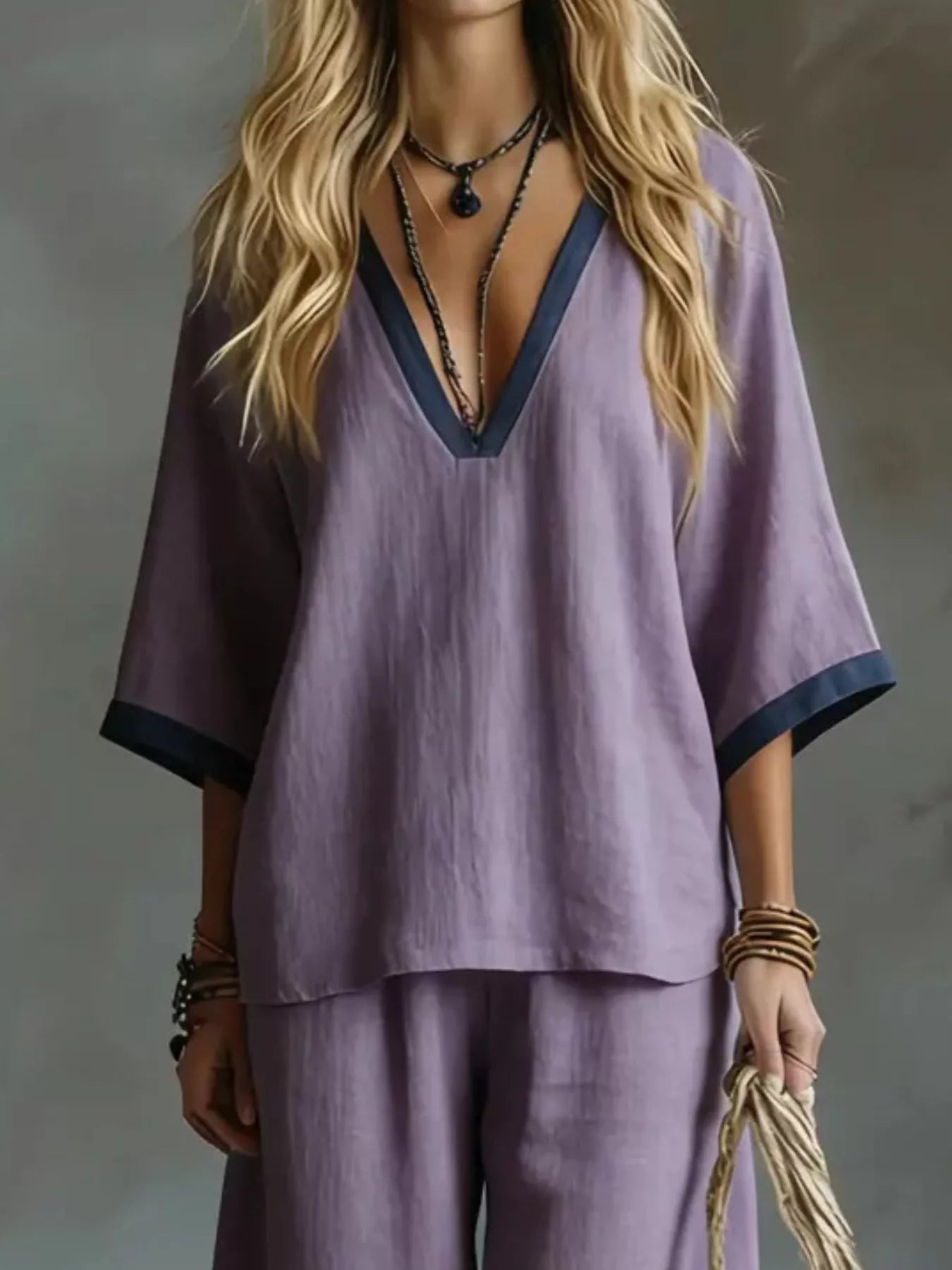 Women Contrast Trim V-Neck Top and Pants Set