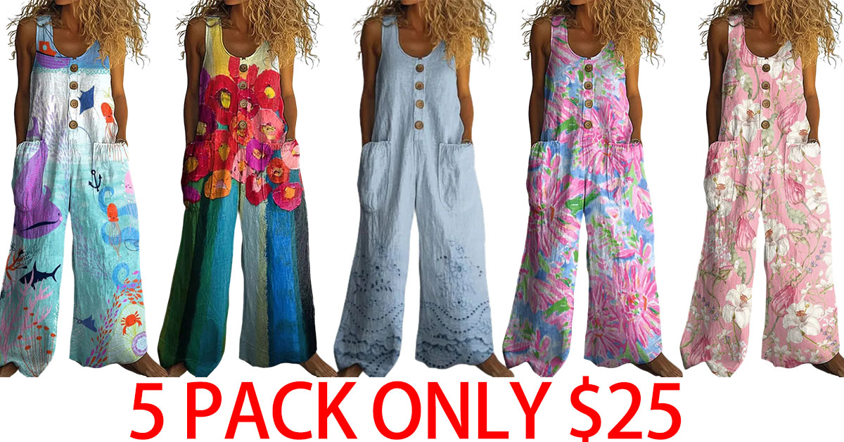 Cotton Linen Vintage Print Jumpsuit | Buy 2 for Free Shipping