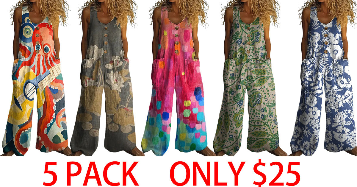 Cotton Linen Vintage Print Jumpsuit | Buy 2 for Free Shipping
