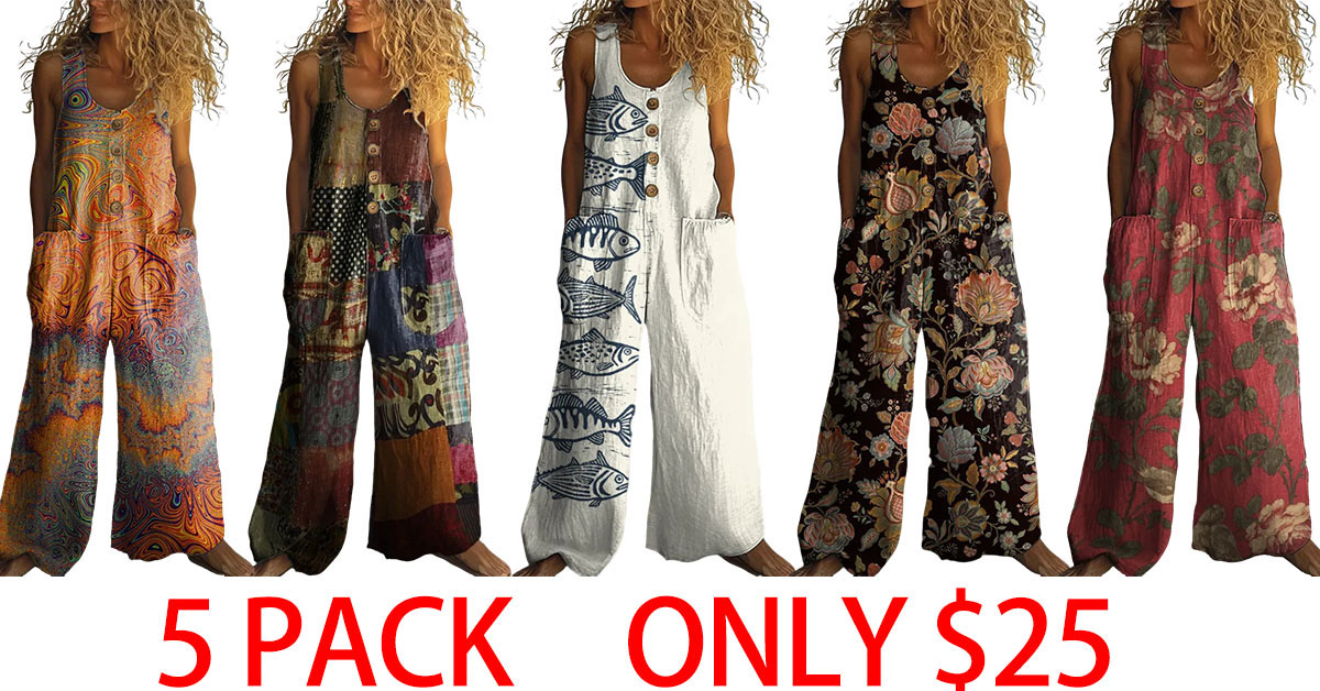 Cotton Linen Vintage Print Jumpsuit | Buy 2 for Free Shipping