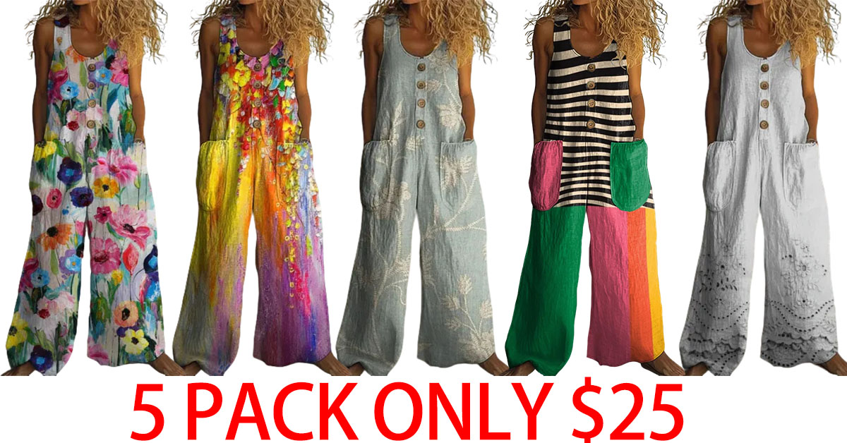 Cotton Linen Vintage Print Jumpsuit | Buy 2 for Free Shipping