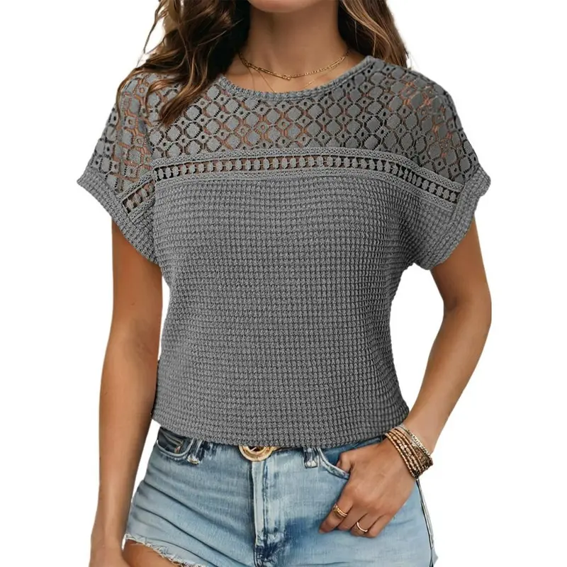 Women's Tops Casual Scoop Neck Short Sleeve Waffle Knit Hollow Out Shirts Loose Tunic Tops Blouses
